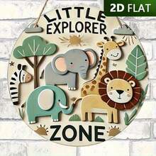 Placa de pared redonda de madera plana 2D vintage "Pequeño Explorador" con tema de jungla, patrón de elefante, jirafa y rinoceronte - Adecuada para habitación de niños, cafetería, bar, decoración estilo jungla - A - Ver 5