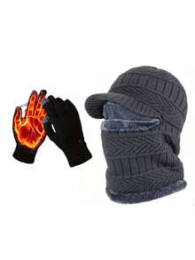 2PCS Unisex Autumn/Winter Warm Knitted Hat & Neck Warmer Set, Windproof Thermal Lined Beanie With Matching Gloves, Versatile Knit Cap Set - Multicolor - View 6