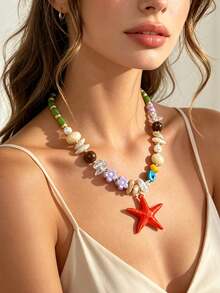 1 pieza Collar con colgante de estrella de mar estilo océano de verano Dopamina, joyería de vacaciones personalizada hecha a mano con cuentas y bloques de color de nicho - Collar con colgante de estrella de mar - Ver 2