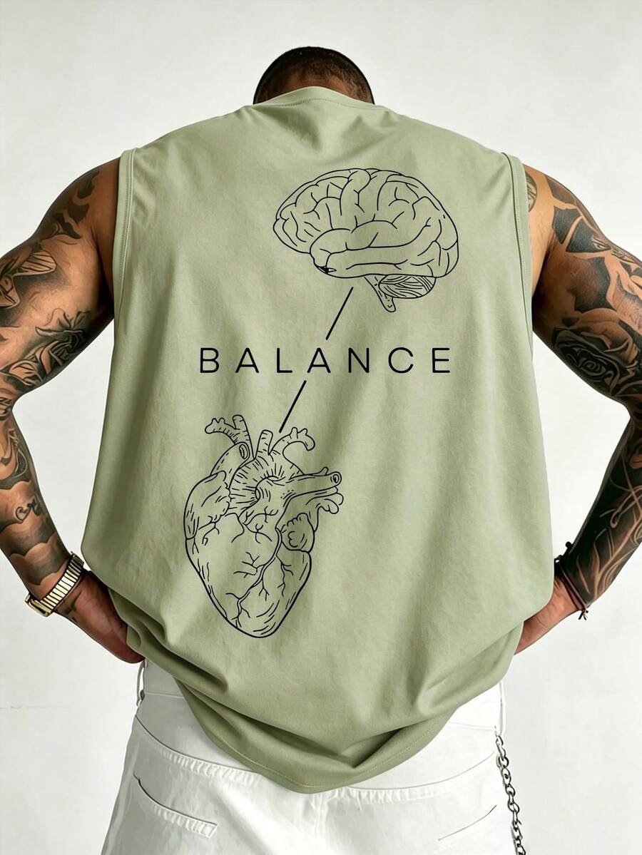 父親節禮物 男士夏季時尚百搭心臟與大腦印花圓領背心 - 橄欖綠 - 查看 1