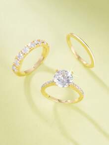 Conjunto de 3 anillos elegantes y versátiles con circonita cúbica, anillos apilables personalizados para el uso diario de las mujeres - Dorado - Ver 6