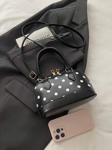 White Polka Dot Mini Shell Handbag, Contrast Color Base, Top Handle, Detachable Adjustable Crossbody Strap, Zipper Closure, Vintage Women's Daily Date Shoulder Bag - Black - View 7