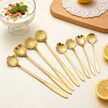 4/8pcs Flower-Shaped Stainless Steel Coffee Spoons, Floral Heart Rose Dessert Spoons, Long Handle Stirring Spoons, Short Handle Decorative Mini Teaspoons, Dishwasher , Suitable For Yogurt Ice Cream Cake Party Wedding Birthday Holiday Home Kitchen, Christmas Gift - Silver - View 2