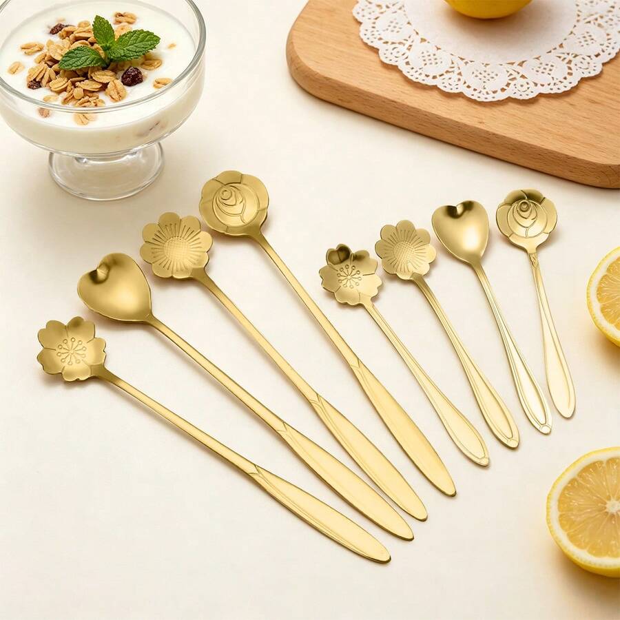 4/8pcs Flower-Shaped Stainless Steel Coffee Spoons, Floral Heart Rose Dessert Spoons, Long Handle Stirring Spoons, Short Handle Decorative Mini Teaspoons, Dishwasher , Suitable For Yogurt Ice Cream Cake Party Wedding Birthday Holiday Home Kitchen, Christmas Gift