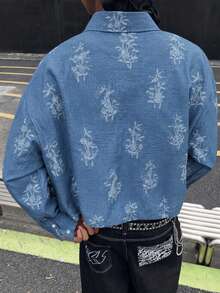 HOMIIE Men Fall Long Sleeve Cropped Shirt, Blue Floral Print Lapel Button Down Shirt With Pocket, Streetwear Casual Tops For Autumn - Blue - View 2