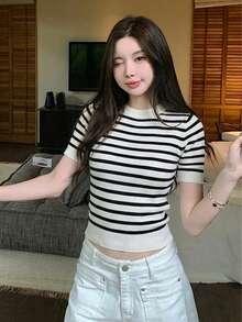 女士休闲撞色条纹针织短袖上衣，春夏款 - 黑與白 - 查看 1