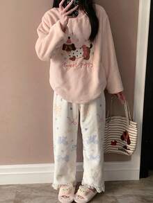 2pcs/Set Embroidered Autumn/Winter Women's Pajamas, Flannel Round Neck Pullover With Bow & Cute Cartoon Puppy Pattern, Wearable Loungewear - Baby Pink - View 3
