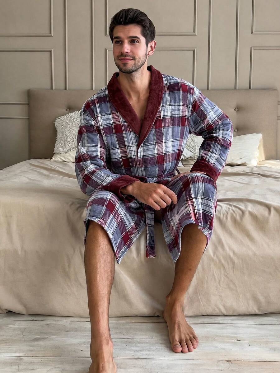 Winter Plaid Print Flannel Bathrobe For Men, Suitable For Indoor & Outdoor Wear,Shawl Collar Belted Mid‑Length Sleep Robe Loungewear - Red - View 1