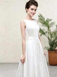Long Satin Formal Dress, White Round Neck Backless Tie Prom Dress With Pockets,Gown Spring Fall - Beige - View 5