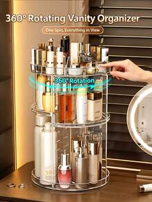 1 Set Cosmetic Storage Rack, 360° Rotating Makeup Organizer, Transparent Acrylic Adjustable Rotating Cosmetic Holder, Large Capacity Makeup Storage Box And Brush Organizer, Suitable For Vanity Tabletop (Transparent) - View 2