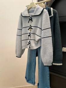 Women's Bow Detail Knit Cardigan, Striped Wide Collar Loose Fit Sweater Top, Suitable For Daily Wear And Holiday Outfits - Baby Blue - View 7