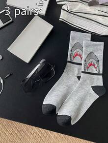 2/3 Pairs Shark Print Colorblock Mid-Calf Socks, Unisex Retro Patchwork Breathable Socks, Street Skateboard Versatile Student Slouch Socks - Multicolor - View 4
