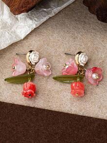 1Pair Of Minimalist Camellia Pendant Clip-On Earrings: Forest-Style Small Flowers And Green Leaves – Piercing-Free Earrings For Women - Multicolor - View 4