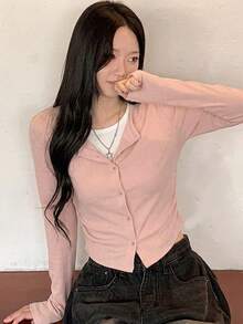 YCYC 韓式設計休閒百搭修身女款假兩件式鈕扣針織開襟衫 - 粉色 - 查看 4