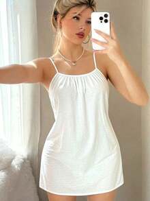 1pc Women's Loose Spaghetti Strap 100% Cotton Moisture-Wicking Breathable Nightgown Loungewear - White - View 4