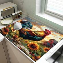1pc Sunflower And Rooster Pattern Printed Diatomaceous Earth Kitchen Drain Mat, Absorbent Dish Drying Mat, Coffee Machine Mat, Dishwashing Mat, Sink Mat, Kitchen Countertop Protector Mat, Suitable For Cups, Plates, Tableware And Kitchen Decor - Multicolor - View 5