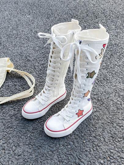 OPOEE Botas de lona hasta la rodilla para niños, zapatillas altas con cordones y caña larga con cremallera lateral, suela de goma antideslizante, zapatos casuales para niñas transpirables y ligeros