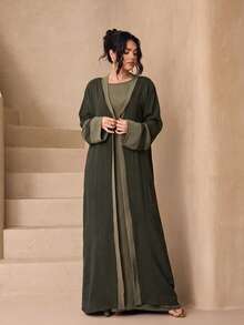 時尚百搭冰絲皺褶女款 4 件套優雅無袖長袍 + Abaya 開襟外套 + 圍巾 + 腰繩套裝，親膚柔軟防曬穆斯林服飾披肩 - 橄欖綠 - 查看 4
