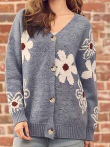 Cardigan Rajut Jacquard Bunga Berkerah V Ukuran Besar dengan Kancing Depan dan Tekstur Berbulu untuk Liburan Musim Gugur dan Musim Dingin - Baja Biru Cerah - View 3