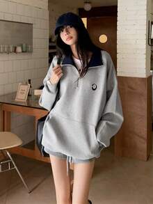 Women's Colorblock Half-Zip Long Sleeve Pocket Sweatshirt - Grey - View 2