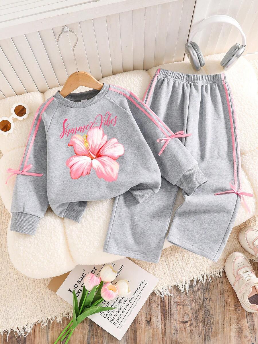 Tween Girl Floral Print Crew Neck Sweatshirt And Bowknot Long Pants Set - Grey - View 1