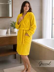 Stella Cotton Velvet Hooded Robe | Women's Robe | Men's Robe | Bridal Set | Bathroom - Yellow - View 3