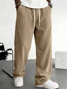 Men's Vertical Striped Corduroy Wide Leg Casual Pants, Elastic Drawstring Straight Leg Long Pants, Autumn Loose Drapey Floor-Length Trousers - Coffee Brown - View 4