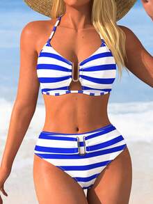 SwimNova New Summer Fashion Women's Halter Striped Bikini Set, Metal Detail High Waist Swim Bottoms, Suitable For Beach Vacation, Date, Party - Multicolor - View 2