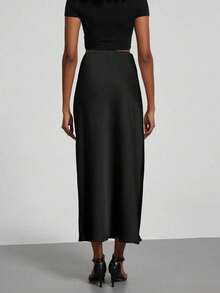 High Waist Solid Color Plus Size Women's Long Skirt With Zipper, Suitable For Office, Evening Date, Holiday, Vacation, Single Party Black - Black - View 7
