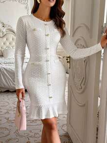 Elegant White Knitted Bodycon Long Dress For Women, Long Sleeve With Gold Buttons, Perfect For Fall Casual Wear - White - View 6