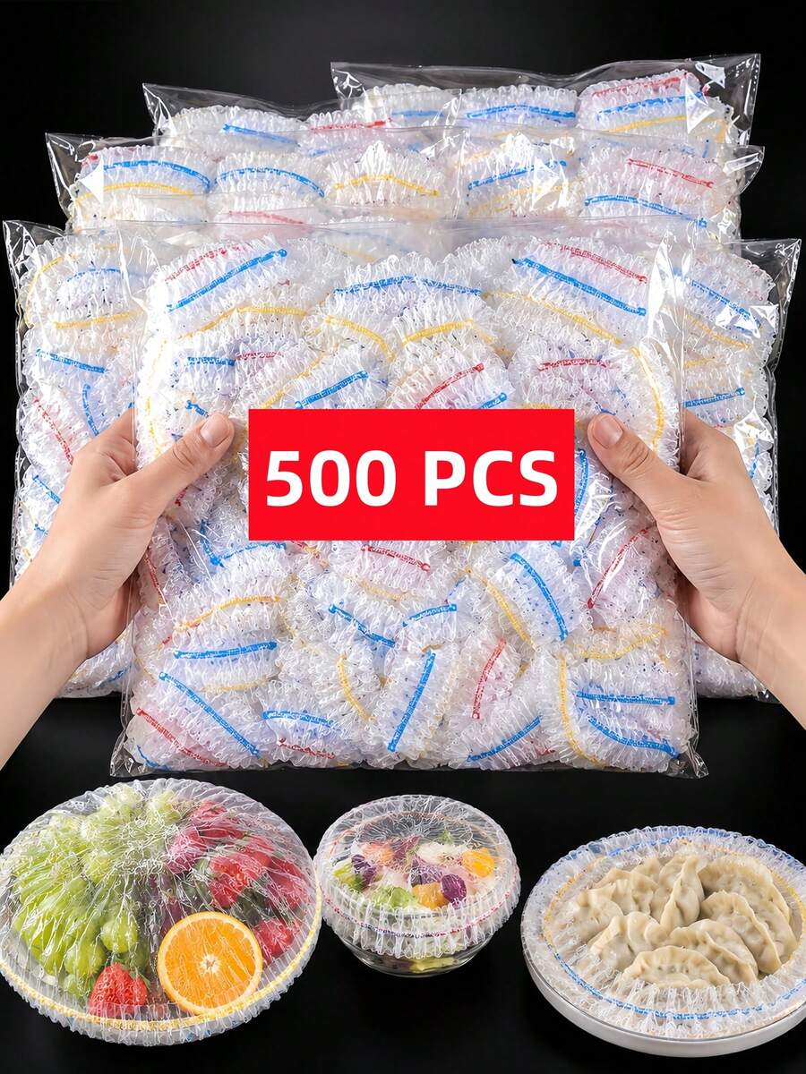 500pcs Colorful Disposable Food Covers Stretchy Plastic Wrap For Bowls Food Packaging Films Fruits Assorted Colors Fresh Film With Elastic Edge Shower Head Covers Multi-Functional Shrink Packaging Bags, Shoe Covers