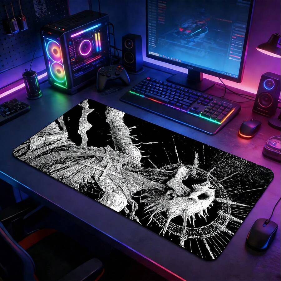 1pc Extended Large Black & White Dead Tree Skull Rune Pattern Mouse Pad, With Non-Slip Rubber Base And Stitched Edge Soft Cloth Material Keyboard Mat. Dark Vintage Skull Etching Print Aesthetic With Non-Slip Rubber Base And Stitched Edge Soft Cloth Material Keyboard Mat, Suitable For Gaming, Home Office And Learning Scenarios. - View 1