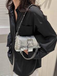 Fashionable Unique Design Chain New Women's Gothic Style Rivet Crossbody Bag Shoulder Bag Handbag Solid Color Rivet Chain Crossbody Bag - Silver - View 5