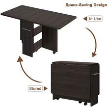 Drop Leaf Folding Dining Table With 6 Wheels And 2-Layer Storage Shelf,Space Saving Rolling Table For Small Spaces - Walnut - View 4