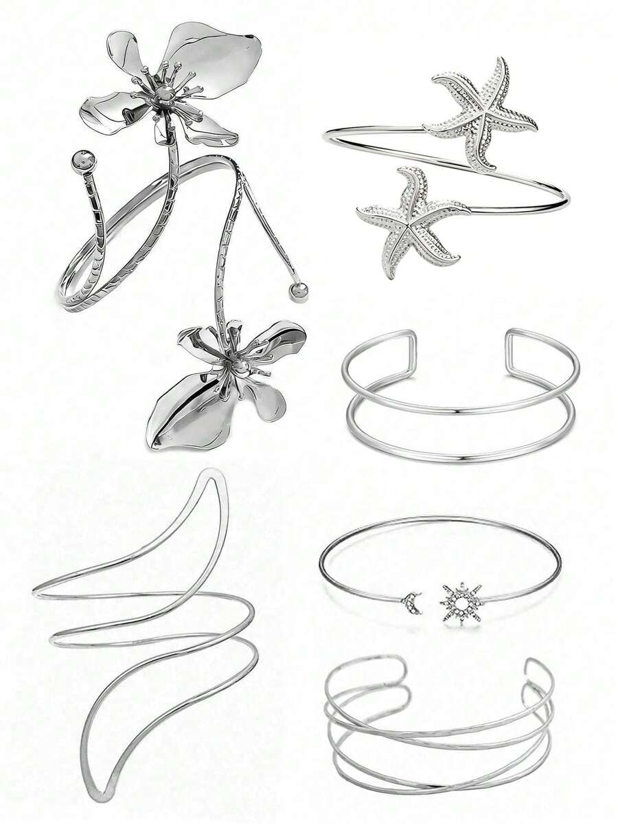 6pcs Fashion Geometric Arm Cuff Set, Adjustable Flower Sun Star Metal Arm Bracelets, Personalized Layering, Suitable For Party And Daily Wear - 6pc Silver AT014 - View 1