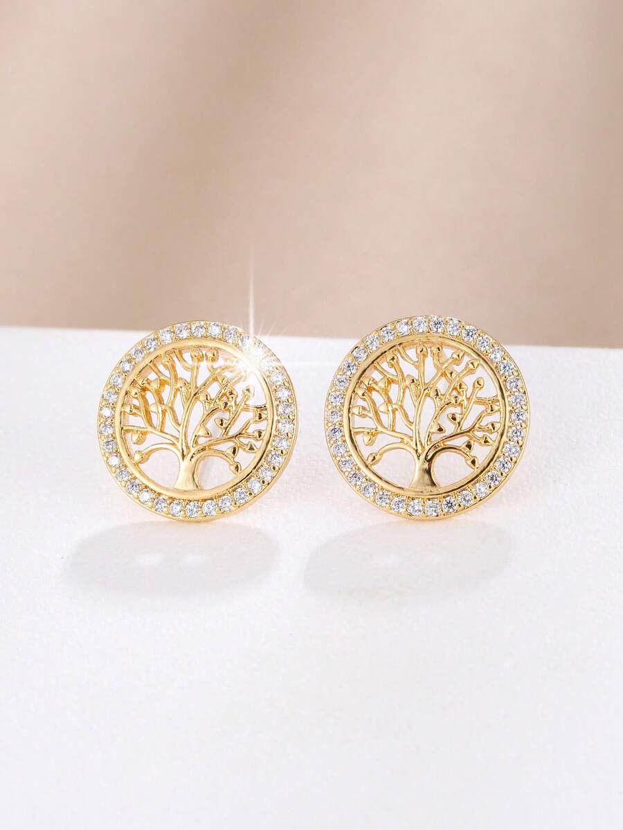1 Pair Fashionable European And American Vintage Tree Of Life Hollow Stud Earrings, Niche Design Round Frame Tree Shape Elegant Women's Commute Date Niche Exquisite Wealth Meaning Earrings Gift - Earrings - View 1