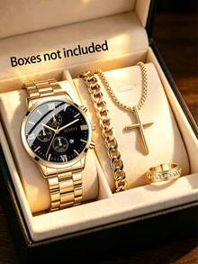 4pcs Men's Quartz Watch & Cross Series Jewelry Set, Casual Versatile Style, Perfect Gift Choice - Set - View 13