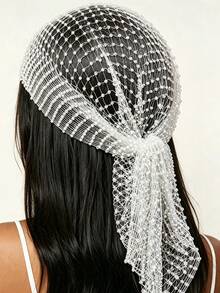 1pc Rhinestone Fishnet Headscarf, Crystal Fishnet Headwrap, Sparkling Rhinestone Mesh Long Tail Hair Cap, Party Bridal Styling Headpiece, Elastic Hairband, Luxury Black Rhinestone Mesh Headwrap Scarf - A - View 4