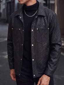Men's Autumn Multi-Pocket Workwear Jacket, Embossed Embossed Black Jacket With Lapel Collar, Snap Button Design, Streetwear Casual Top, Work/Cargo - Black - View 3