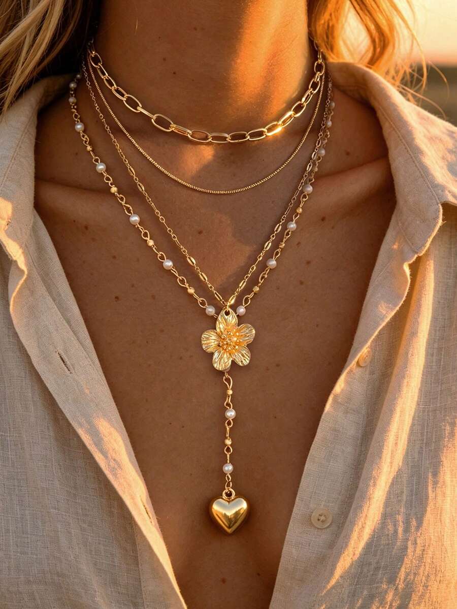 4pcs Multi-Layer Stackable Fashion Minimalist Elegant Exquisite Vintage Design Geometric Flower Heart Square Faux Pearl Chain Minimalist Metal Style Multi-Layer Pendant Necklace Set Y-Shaped Necklace Holiday Vacation Party Date Gift Daily Commute Wear Personalized - Yellow Gold - View 1