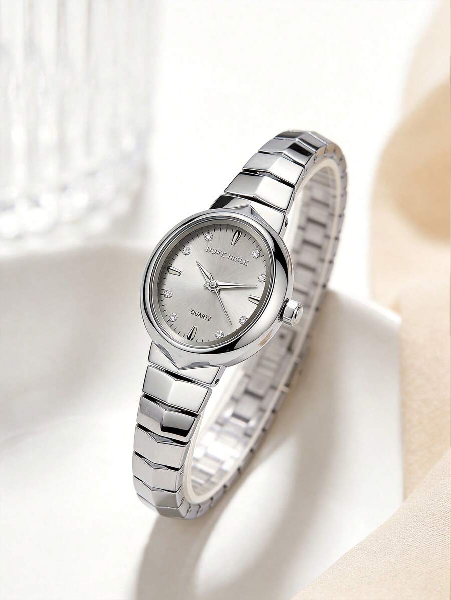 1pc Compact Round Women's Jewelry Quartz Watch, Angular Segmented Alloy Strap, Gold And Silver Dual Color Simple Temperament Women's Watch - Grey - View 1