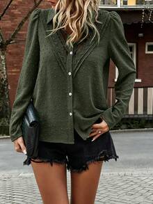Women's Long Sleeve Patchwork Button Front Shirt, Casual Everyday Wear Blouse - Army Green - View 2