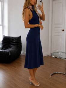 Women's Navy Blue Long Knit Dress – Comfortable Fit - Navy Blue - View 3