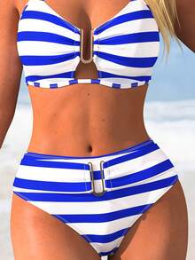 SwimNova New Summer Fashion Women's Halter Striped Bikini Set, Metal Detail High Waist Swim Bottoms, Suitable For Beach Vacation, Date, Party - Multicolor - View 5