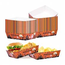 20pcs/40pcs/60pcs Halloween Orange Paper Food Trays, Disposable Boat-Shaped Paper Trays Printed With Black And Orange Pumpkin, Ghost, Witch And Castle Patterns; Suitable For Halloween Party, Birthday Celebration, Day Of The Dead Festival - Multicolor - View 6