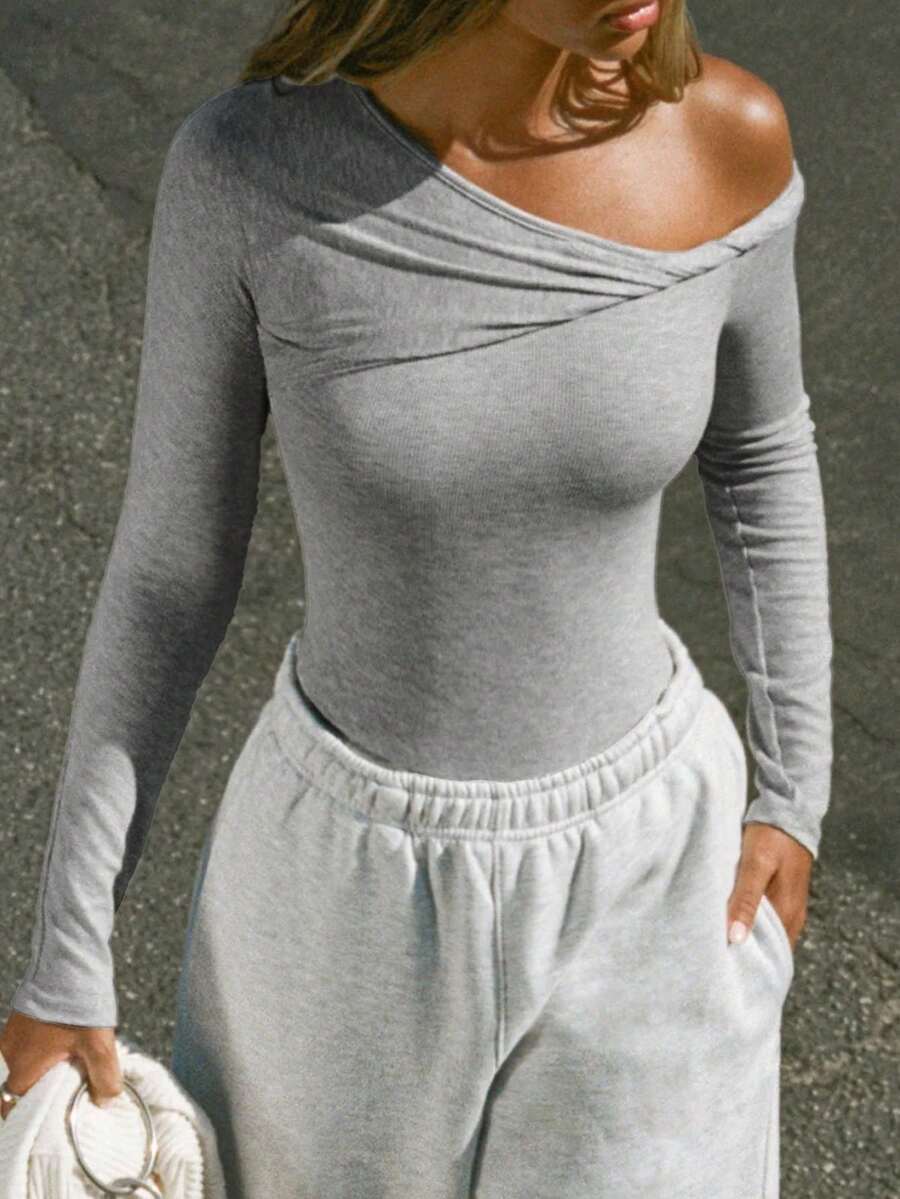 Women's Grey Long Sleeve Asymmetric Neckline Twisted Detail Knit T-Shirt, Ribbed Fabric Slim Fit Top, Suitable For Autumn, Commute, Daily, Office, Street, Home - Grey - View 1