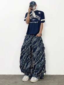 1pc Vintage Patchwork Fringed Men's Blue Denim Jeans, Casual Loose Fit Wide Leg Pants, Versatile All Season - Blue - View 5