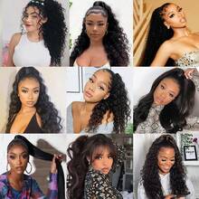 BINF Afro Curly Ponytail Brazilian Human Hair Wrap Around Clip In Hairpiece Remy Pony Tail Body Wave Ponytail Straight Ponytail Magic Wrap Around Ponytail Hair Extensions - Natural Black - View 7
