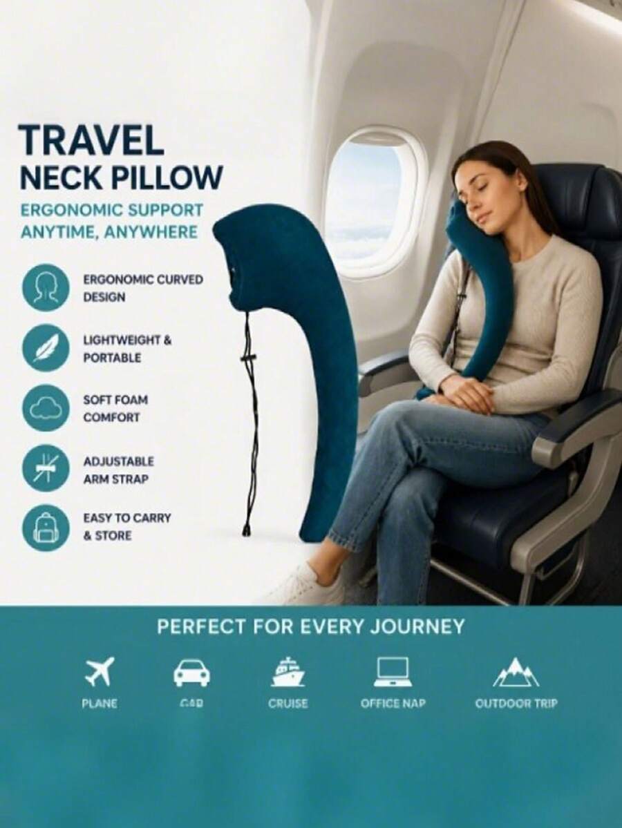 1PC Folding Travel Pillow, Lightweight And Portable-First Neck Pillow With Arm Strap! Supports Head, Body, And Arms, Providing Tilt Support.