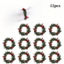 Christmas Red Berry Pine Needle Napkin Rings, Mini Wreath Napkin Buckles, Xmas Table Setting Decor - Multicolor - View 18
